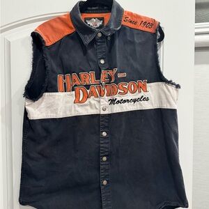 Harley-Davidson Black & Orange Sleeveless Button Down Shirt Vest Men’s Large